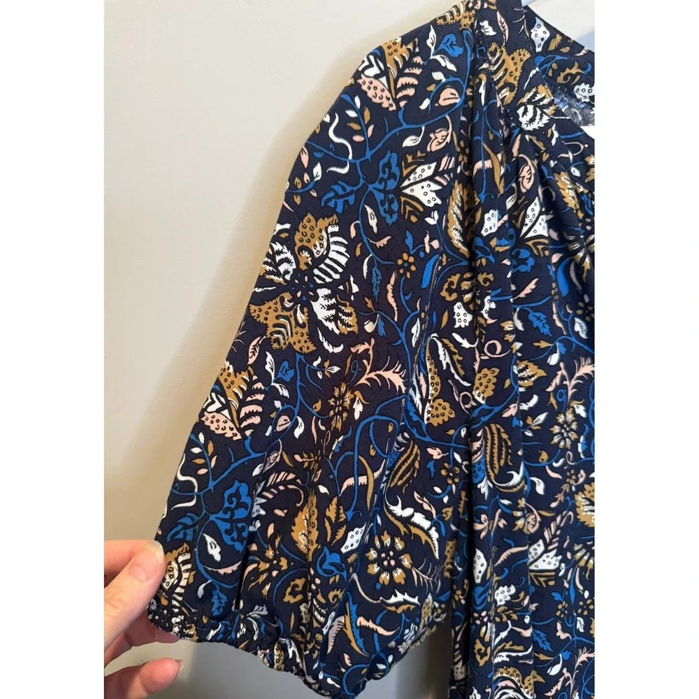 Loft Navy Floral Paisley Puff Sleeve XL Split Neck Rayon Top Boho Peasant